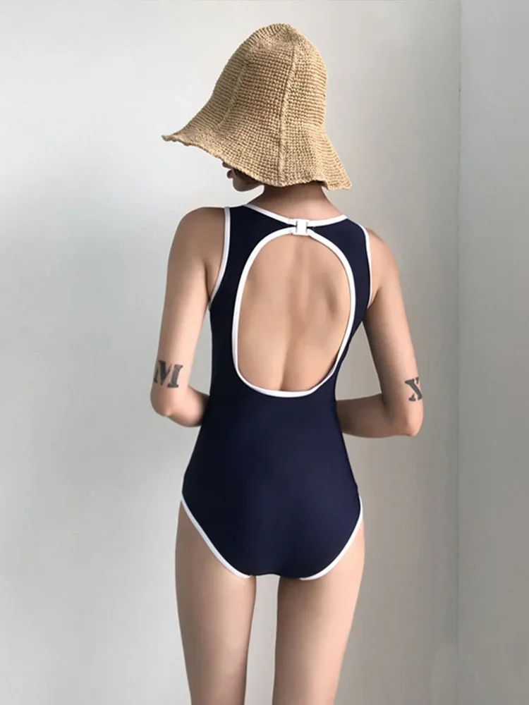 เซ็กซี่VINTAGE Blue One Pieceชุดว่ายน้ําผู้หญิงสูงเอวBackless Beachบิกินี่แน่น 2025 ฤดูร้อนใหม่ชุดว่ายน้ําOne Pieceชุดว่ายน้ํา