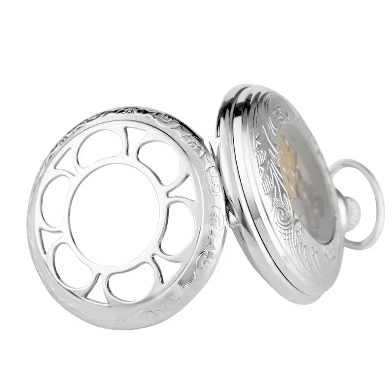 Silver Hollow Flower Case Roman Numeral Dial Pocket Watch Men Women Hand Wind Mechanical Watches Skeleton Clock Pendant Chain
