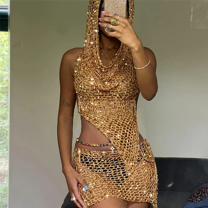 Sommer Sexy Hohl Stricken Häkeln 2 Stück Set Frauen Pailletten Mit Kapuze Backless Tank Tops + Shorts Hipster 2 Stück rock Set