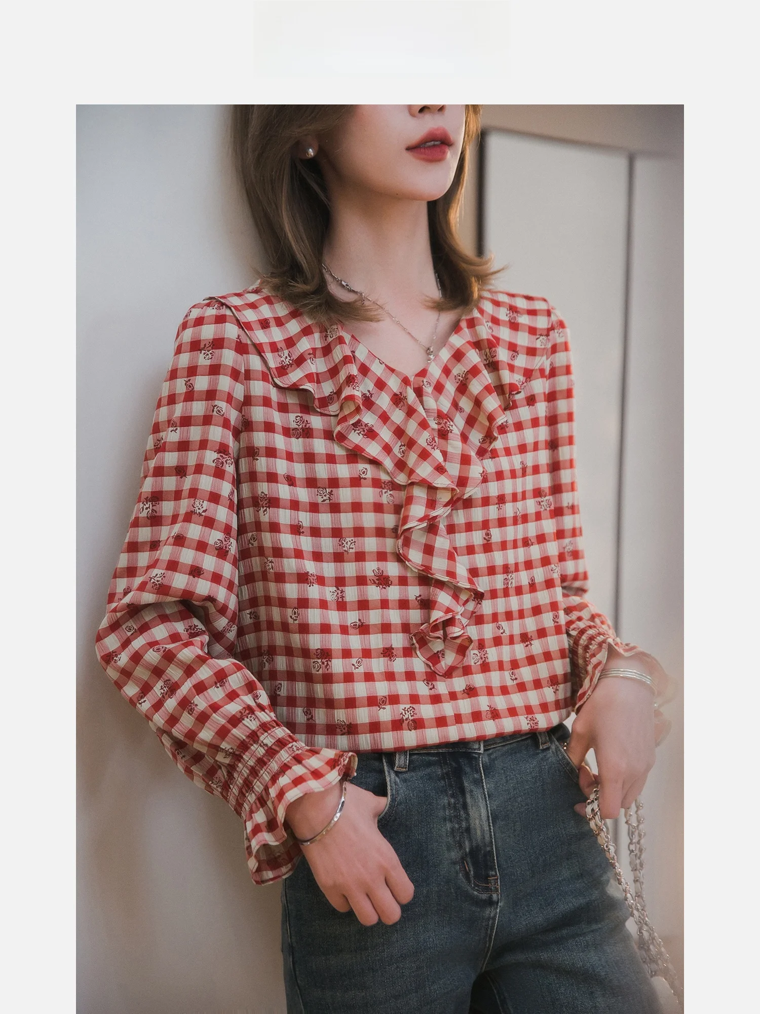 

Летнее женское платье Xiaoguli Floral Stationery: новое, модное, универсальное, в клетку, с V-образным вырезом...