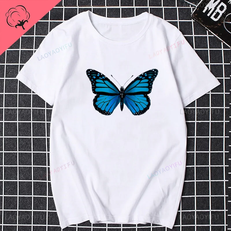 Blue butterfly print Harajuku casual fashion street wear trend summer men and women universal round neck short-sleeved T-shirt