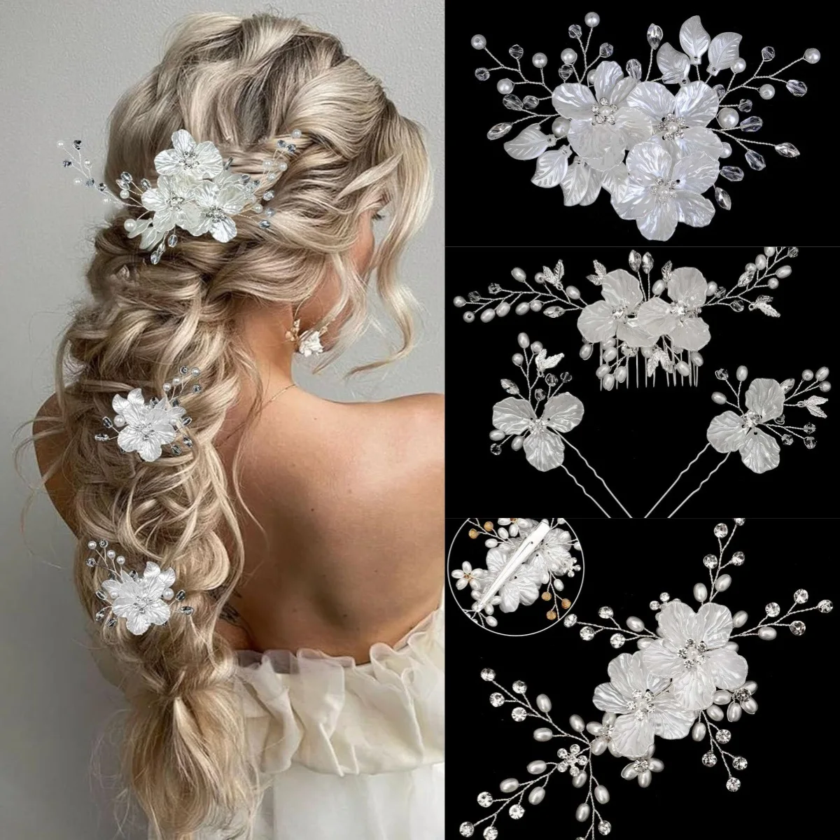 

Модный набор заколок для волос из белого акрила с жемчугом и цветами: гребень для свадебных причесок, заколка-шпилька для женщин, аксессуары и украшения для праздничных вечеринок