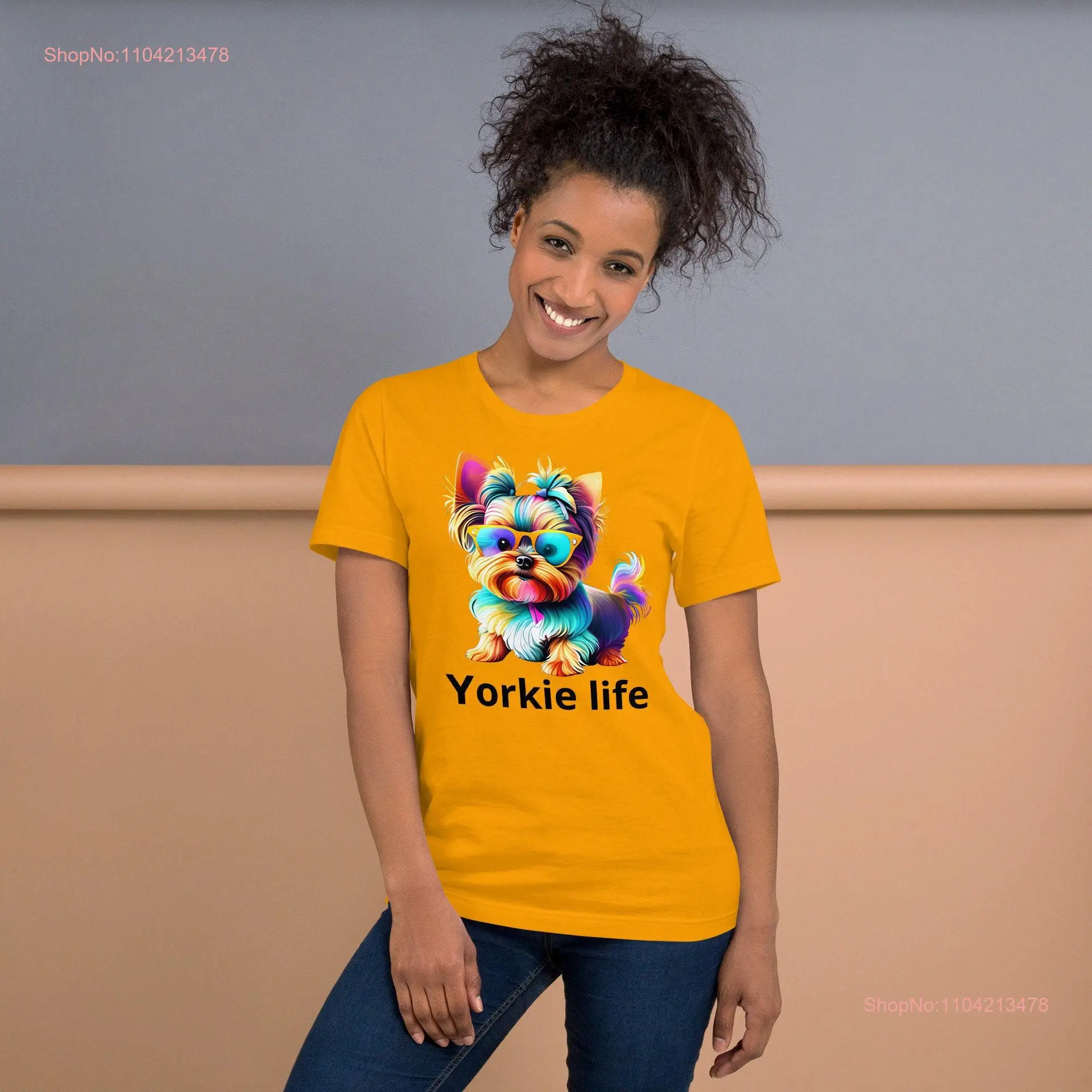 Yorkie life T Shirt with a rainbow colored yorkies wearing sun glasses  long or short sleeves