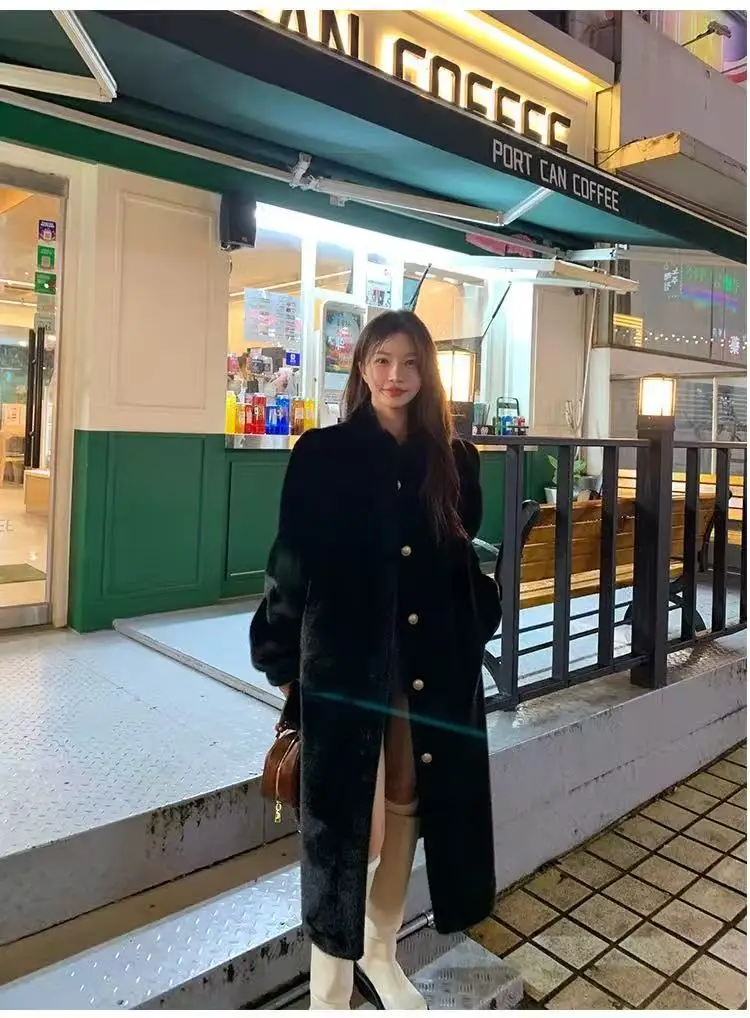 المرأة رقيق أسود طويل فو الفراء سترة عادية الصلبة الوقوف طوق واحدة الصدر فضفاض معطف دافئ سيدة الشتاء اليومية الشارع معاطف