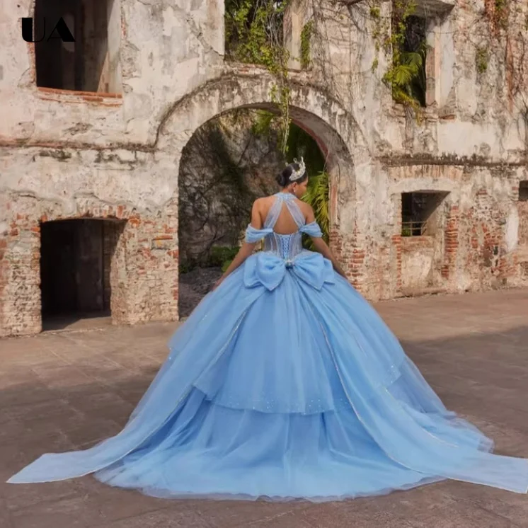 

ULBYANRY Customized Halterneck Bow Sweet 15 Dress, Sparkly Embellished Quinceanera Dress, Elegant Off-the-shoulder Ball Gown