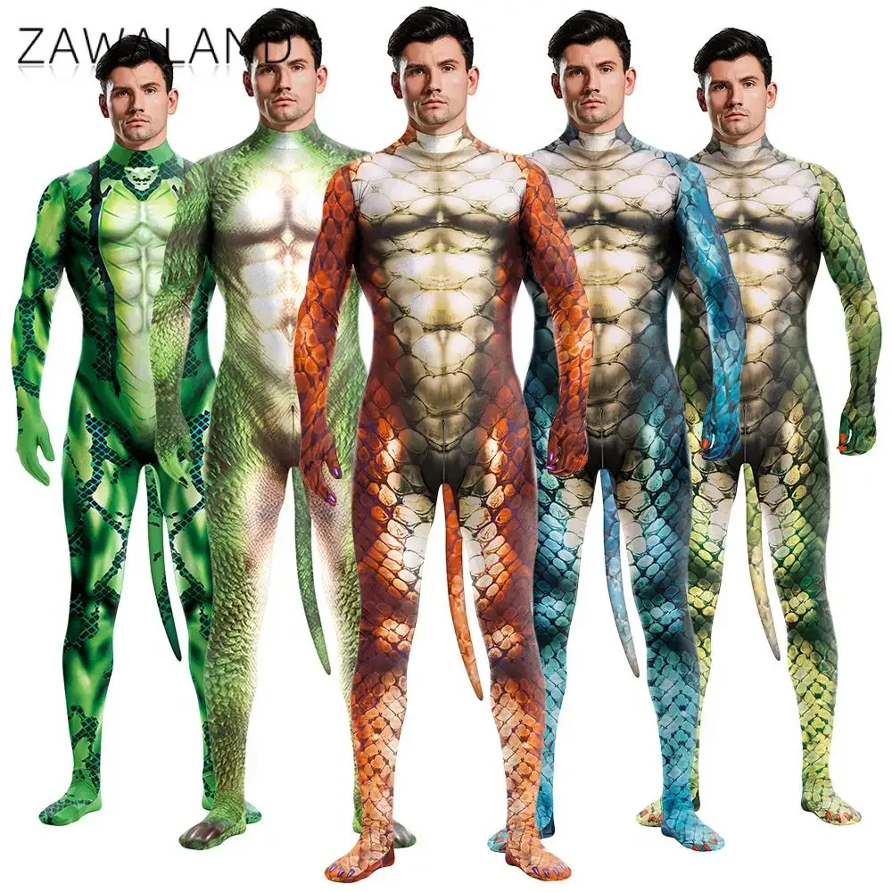 Zawaland Snake Dragon Men Costumes Halloween Carnival Fancy Full Bodysuits Animal Party Dress Up Crotch Zipper Disguise Petsuit