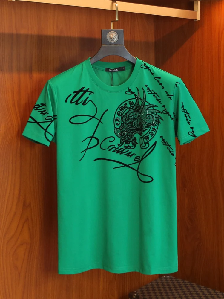 

Men's Summer Thin Breathable Silk Cotton ort Sve T-irt Faionable Print Hotfix Diamond f Sve Body T-irt