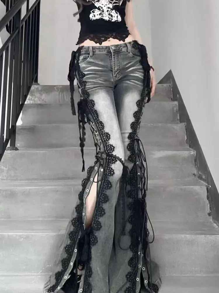 

Корейские джинсы-клеш на шнуровке с люверсами, кружевные усы в стиле ретро, тонкие брюки с низкой посадкой и разрезом, женские брюки-клеш, уличная одежда