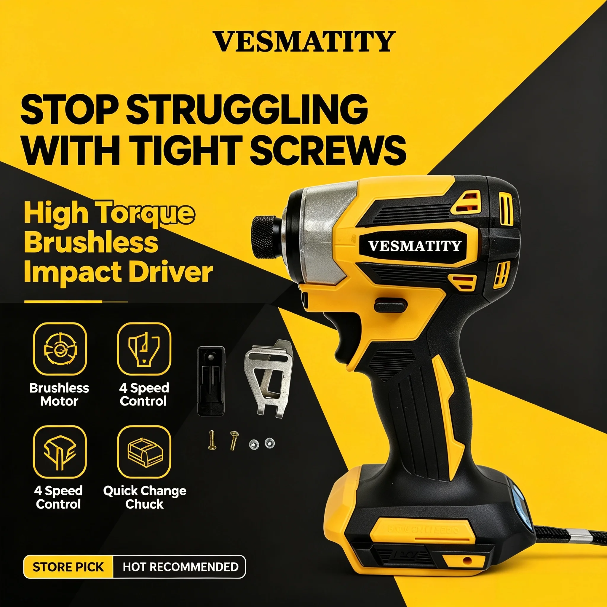 Bolt T-Mode Electric Drill for 18V-20V Battery Heavy Duty VESMATITY DTD173 Cordless Impact Driver Brushless 180N.m 1800RPM Wood