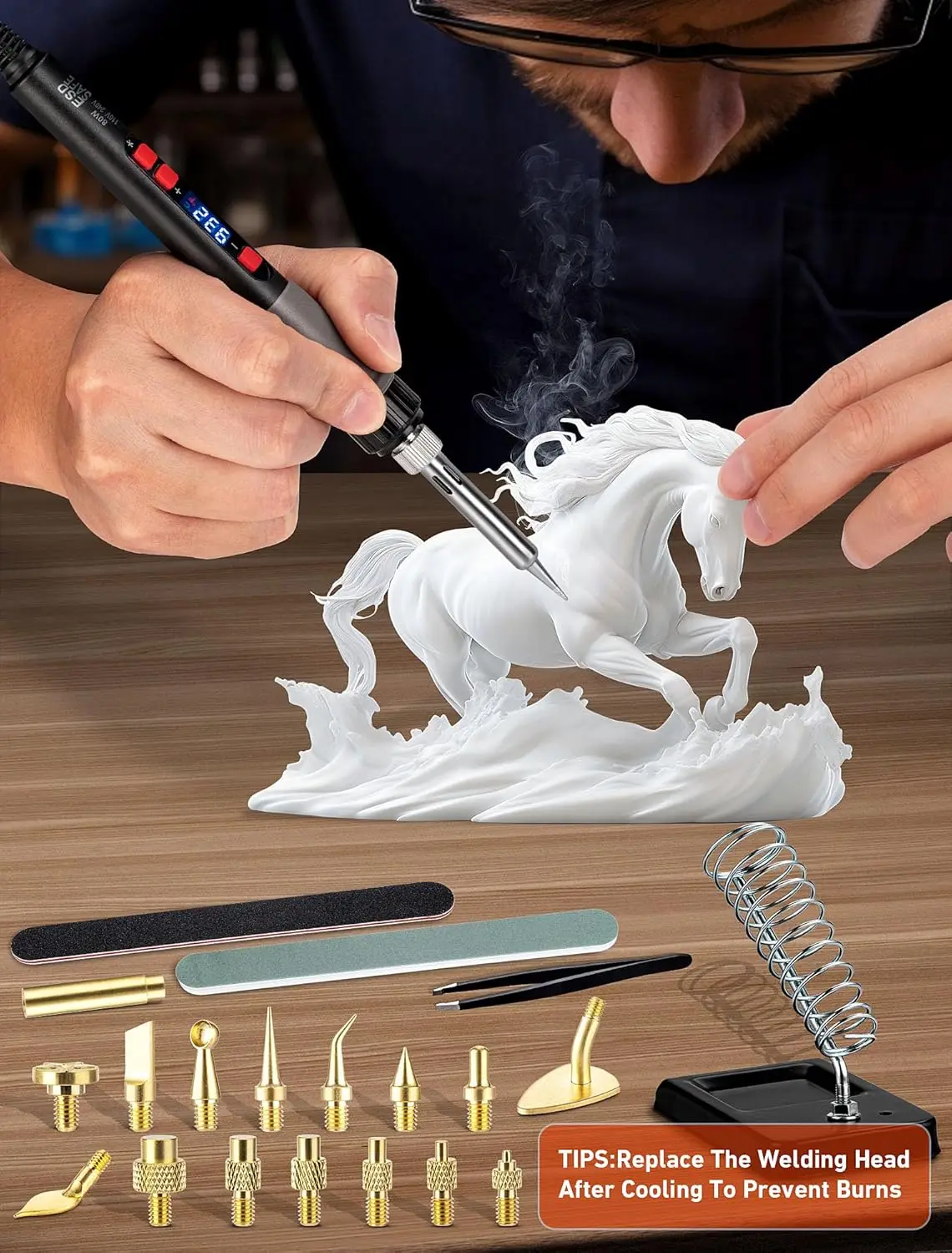 Kit de Herramientas de Alisado para Impresora 3D 21 en 1, Kit de Soldadura con Temperatura Ajustable Digital LCD y Inserto de Latón para Soldar