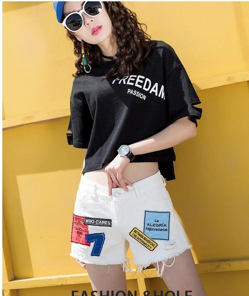 Branco denim shorts feminino verão 2025 nova versão coreana estudantes soltos rasgados buracos finos calças de perna larga calças quentes mendigo tendência