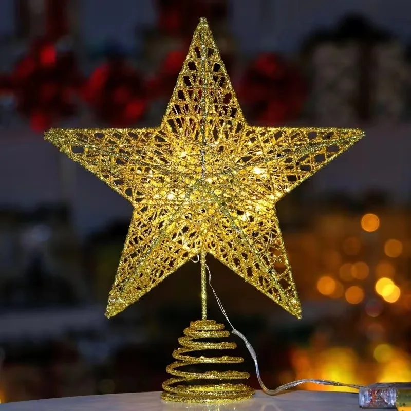 Estrella de hierro con tapa de árbol de Navidad dorada y plateada roja para adornos de árbol de Navidad, tapa de árbol de Navidad 2024 con pentagramas de hierro iluminadas