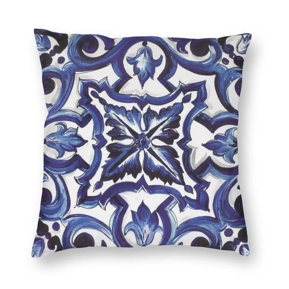 Blue Ornate Floral Mediterranean Sicilian Tile Square Pillowcase Pillow Cover Cushion Throw Pillow for Home Sofa Living Room