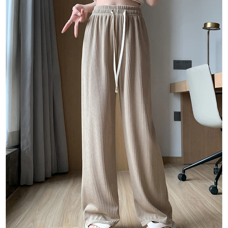 Damen-Hose mit weitem Bein, Frühling, hohe Taille, lockere lässige gerade Hose, volle Länge, Kordelzug, einfarbig, Schwarz, Rosa, Hose für Damen