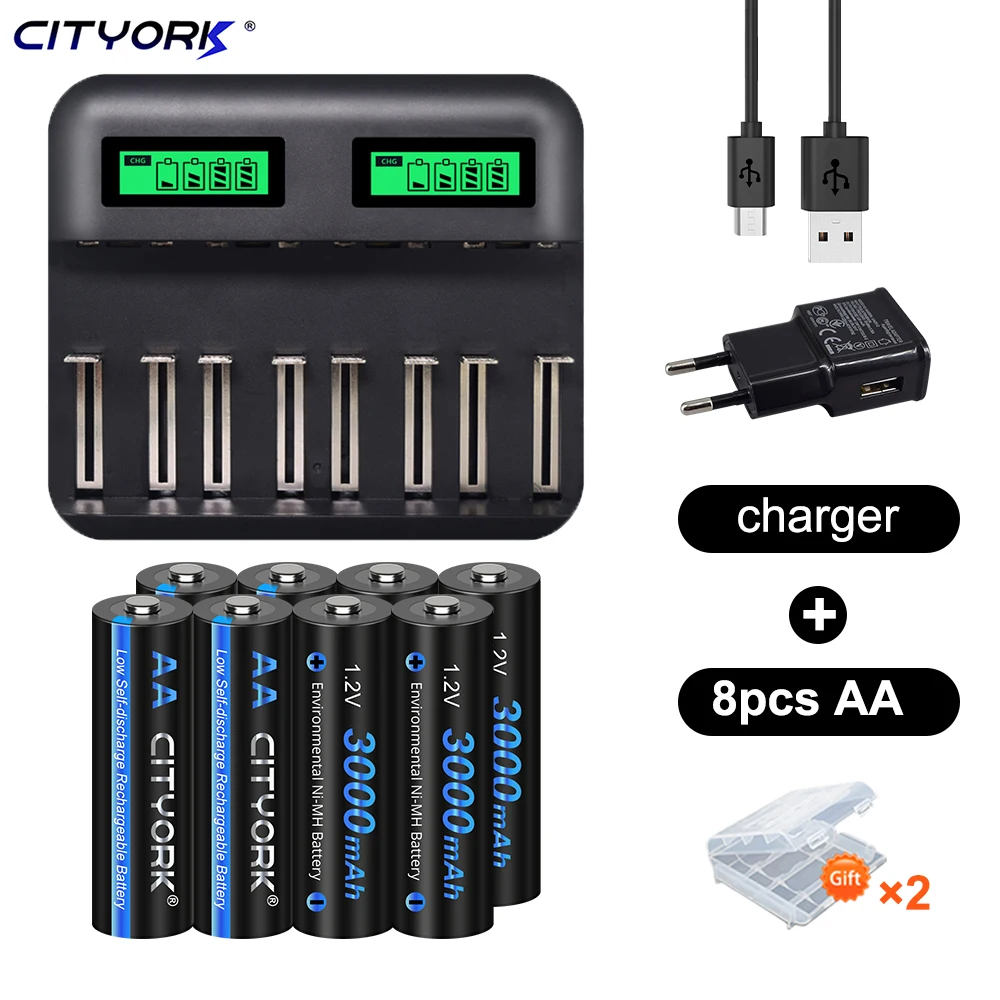 

CITYORK rechargeable AA batteries NIMH AA 3000mAh 1.2V battery aa 2A with 1.2V smart LCD battery charger for AA/AAA/C/D