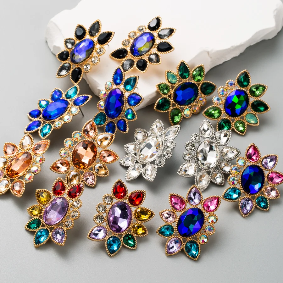 New European style earrings, color super flash rhinestone earrings, elegant atmosphere, drop-shaped flower high-end stud earring