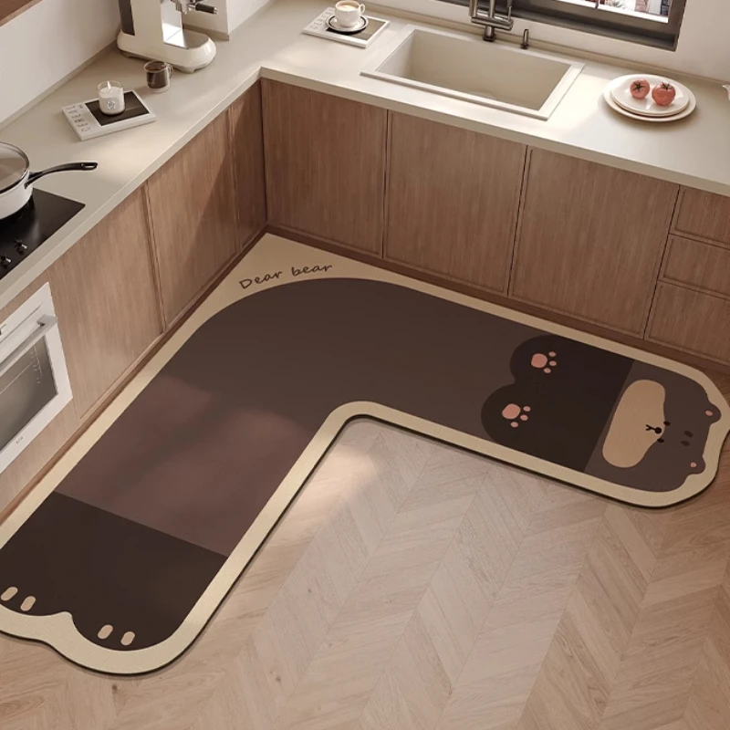 L-shaped Kitchen Carpet Cute Cartoon Diatom Mud Floor Mat Creative Water-absorbing Corner Bathroom Mats Non-slip Washable Rug IG