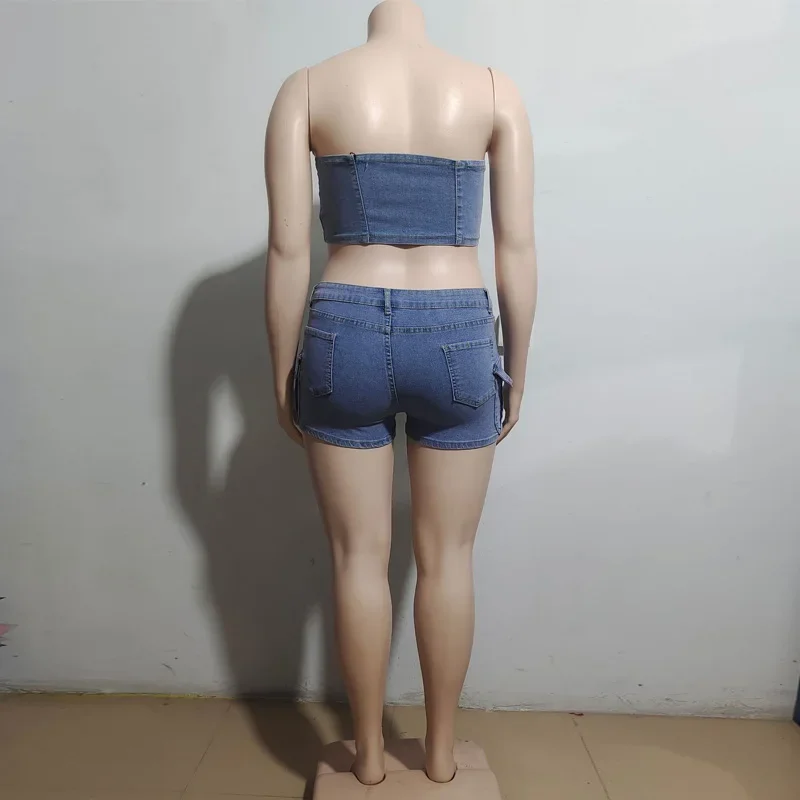New 2 Piece Sets Woman Fashion Sexy Zip Up Crop Tube Top And Multi-pocket Cargo Denim Shorts Women Two Piece Outfits