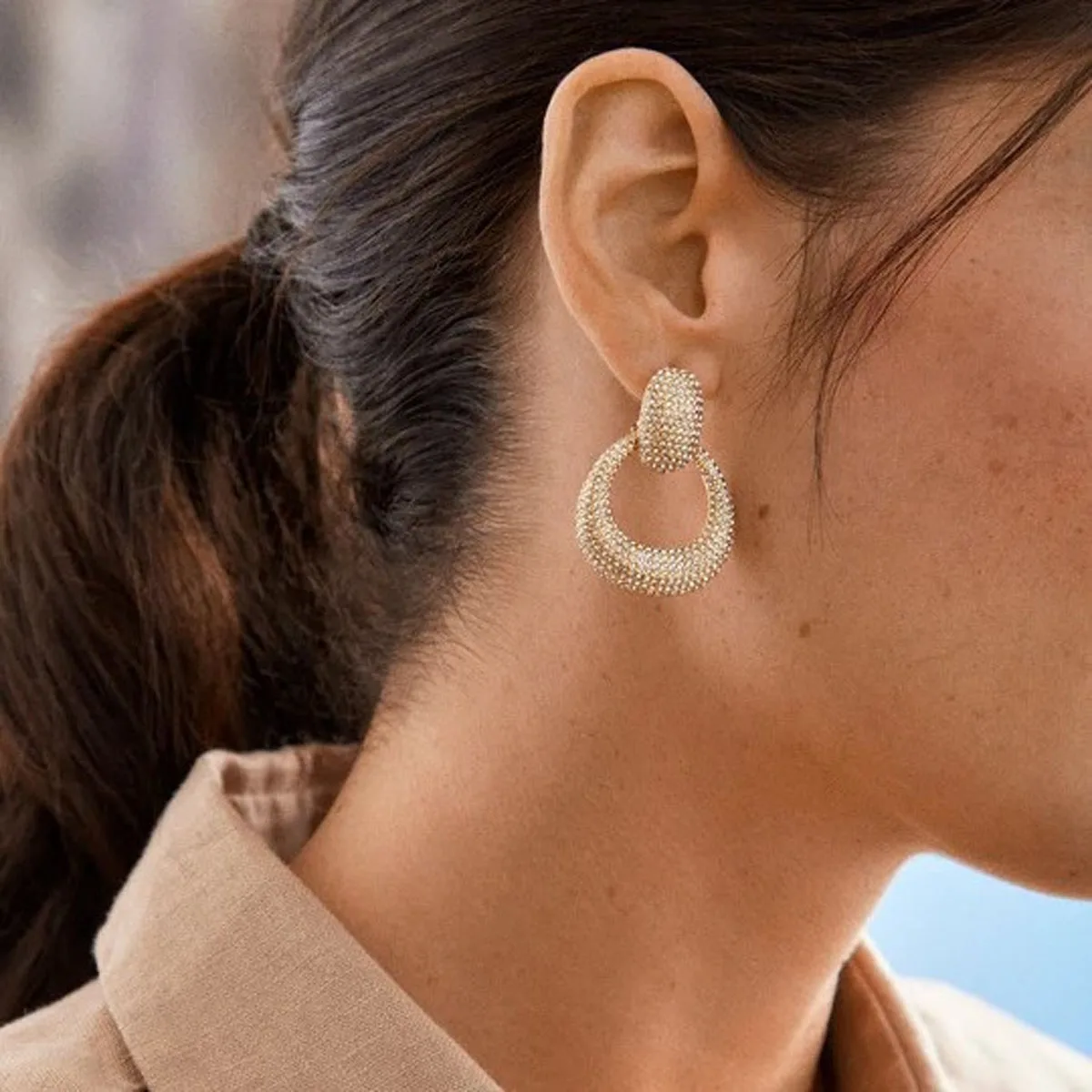 stainless steel gold plated rhinestone crystal diamond door knocker earrings luxury jewelry for party