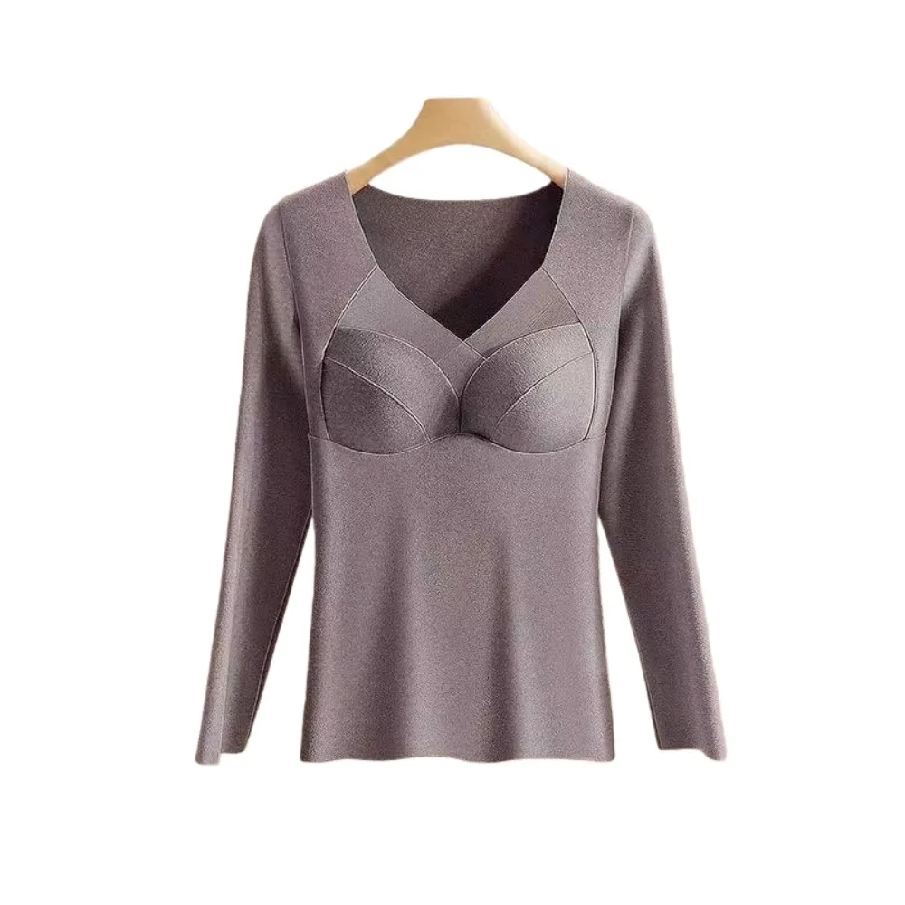 V Mesh Neck Women Thermal Clothes Invisible Velvet Fleece Thermal Underwear Solid Color Lingerie Warmth Long Tops Autumn Winter