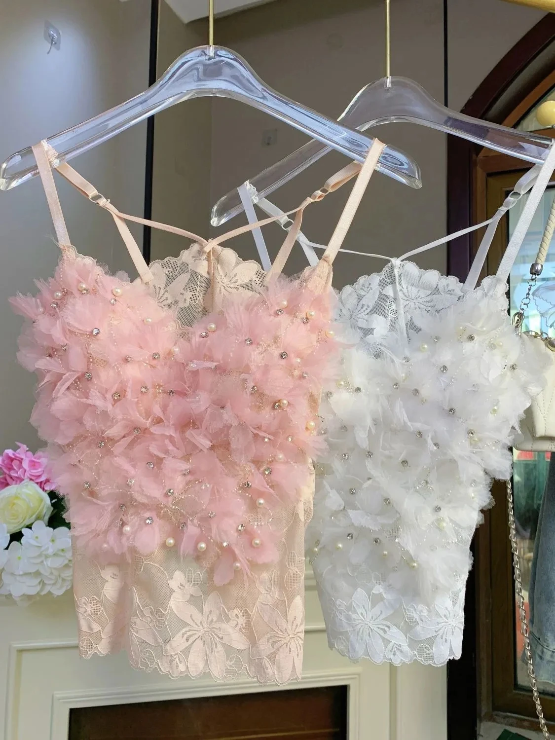 Chic Vintage Backless Corset Bustier Mesh Three-dimensional Flower Tank Top Korean Fashion Summer Beach Women Sling Crop Top