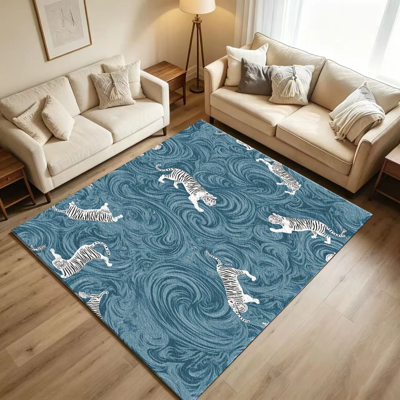White Tiger Wave Carpet Flooring Oriental Style White Striped Animal Swirl Blue Background Seamless Art Pattern Printed Floor Rug for Household Indoor Unique Home Interior Decor