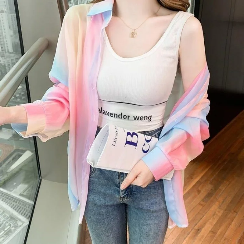 Shirts Women Sun-proof Thin Chic Breathable Holiday Summer Sweet Soft Femme Popular Rainbow Casual All-match Korean Mujer Blusas