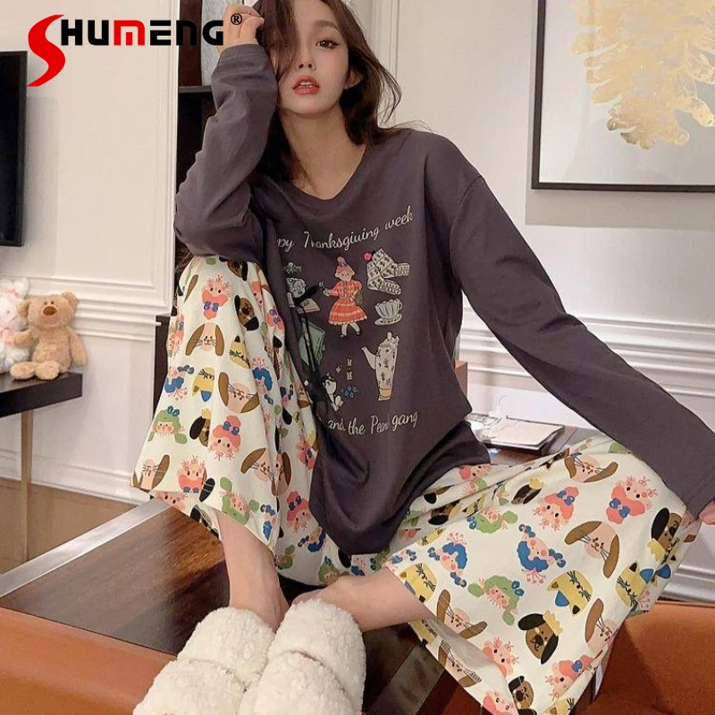 

Милый хлопковый пижамный комплект для женщин: весенне-осенний, с мультяшным принтом, с длинным рукавом, свободные брюки, японский стиль, домашняя одежда