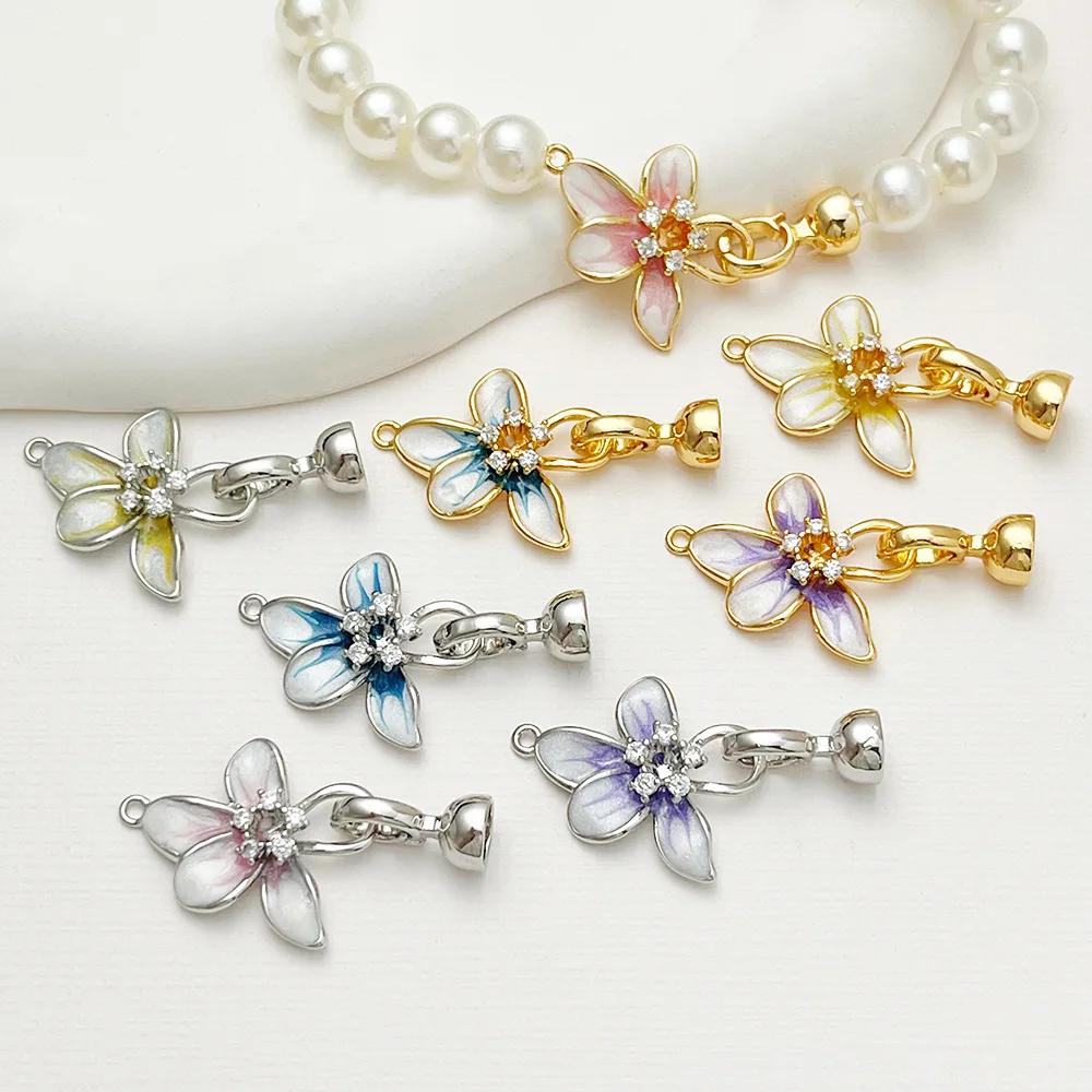 A DIY necklace buckle, bracelet buckle copper plated with 18K gold, spring and summer flower micro inlaid synthetic zircon acces