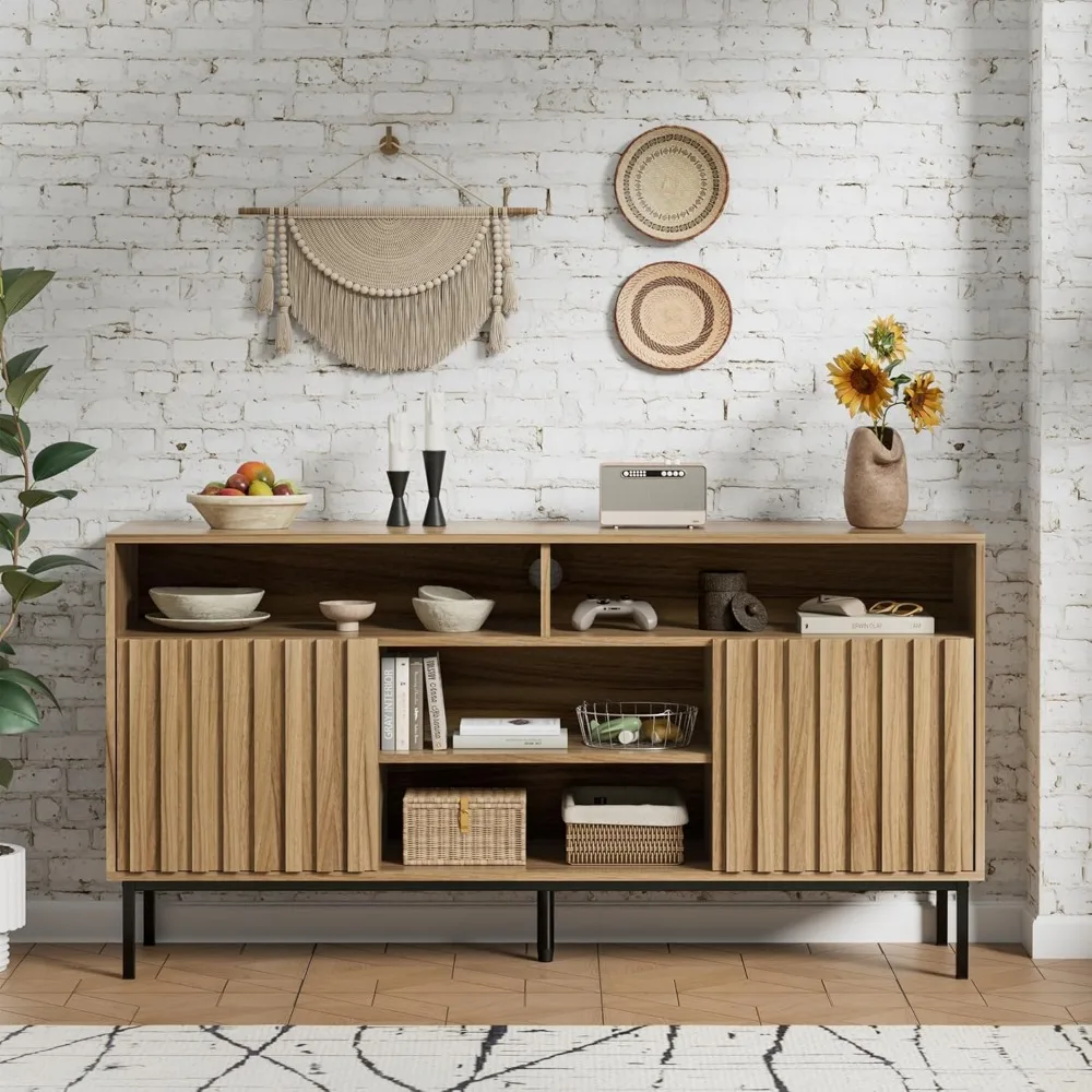 Современный комплект для гостиной середины века, дубовая тумба для телевизора и комплект из 2-х торцевых столиков, тумбочка, деревянная рифленая подставка для телевизора, приставной столик для дивана