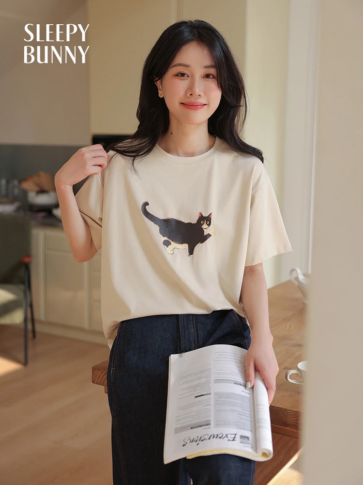 

Summer Cat Print T-Shirt Women Cool Touch Fabric Loose Casual Short Sleeve Tee Soft Breathable Round Neck Graphic Top Streetwear