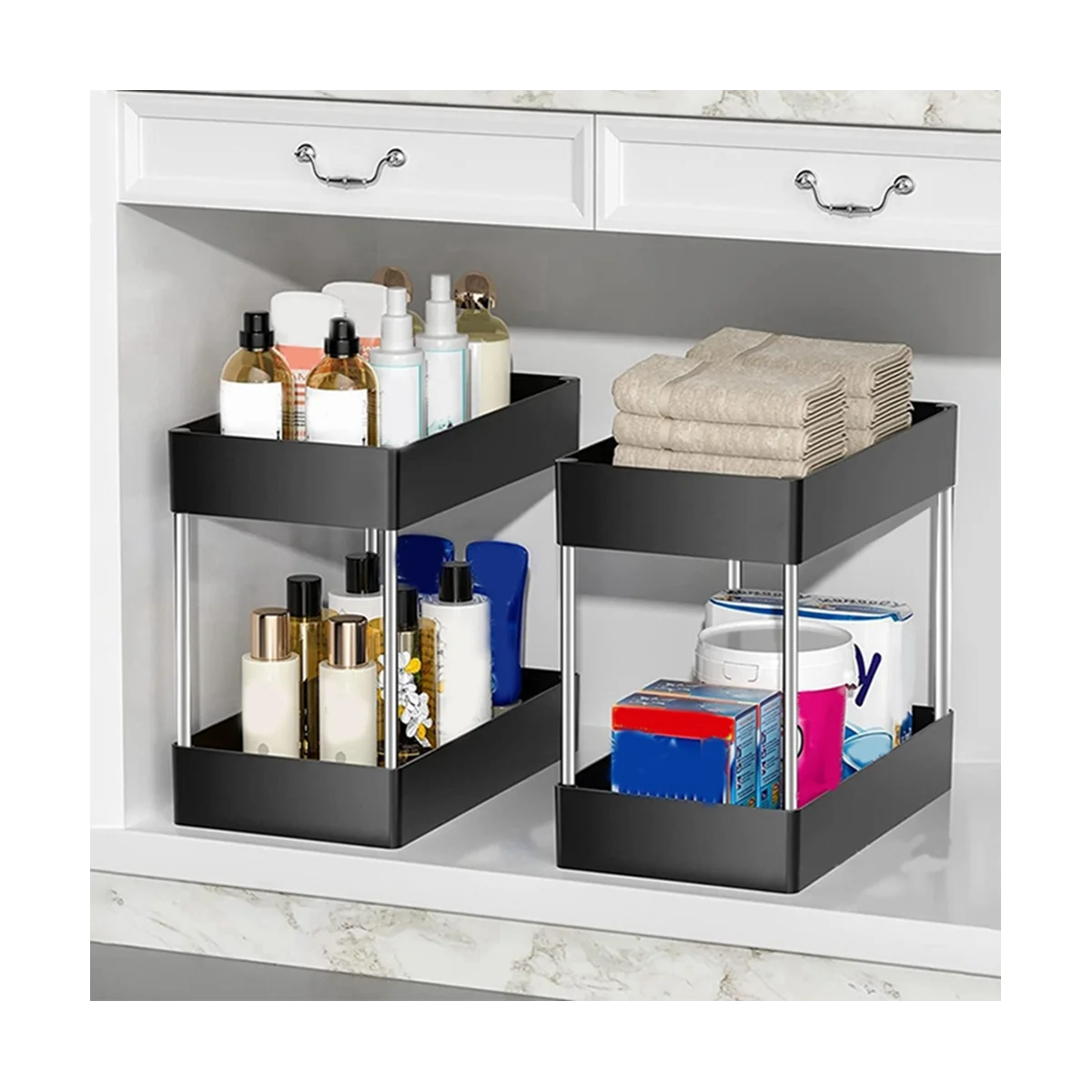 Multiuso armazenamento Rack gaveta, armário de cozinha, banheiro prateleiras, 2 Tiers, 2pcs