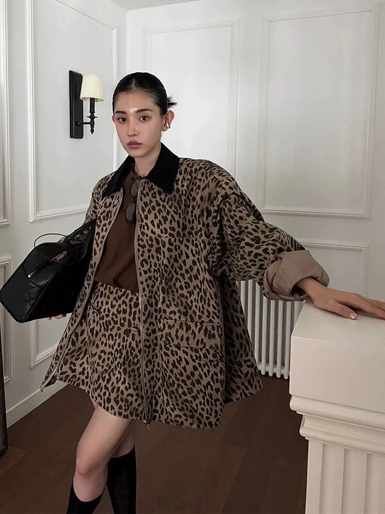 

New in Matching Sets for Women Retro High Street Lapel Leopard Print Jacket + Short Skirt Two Pieces Set Autumn Winter Sets