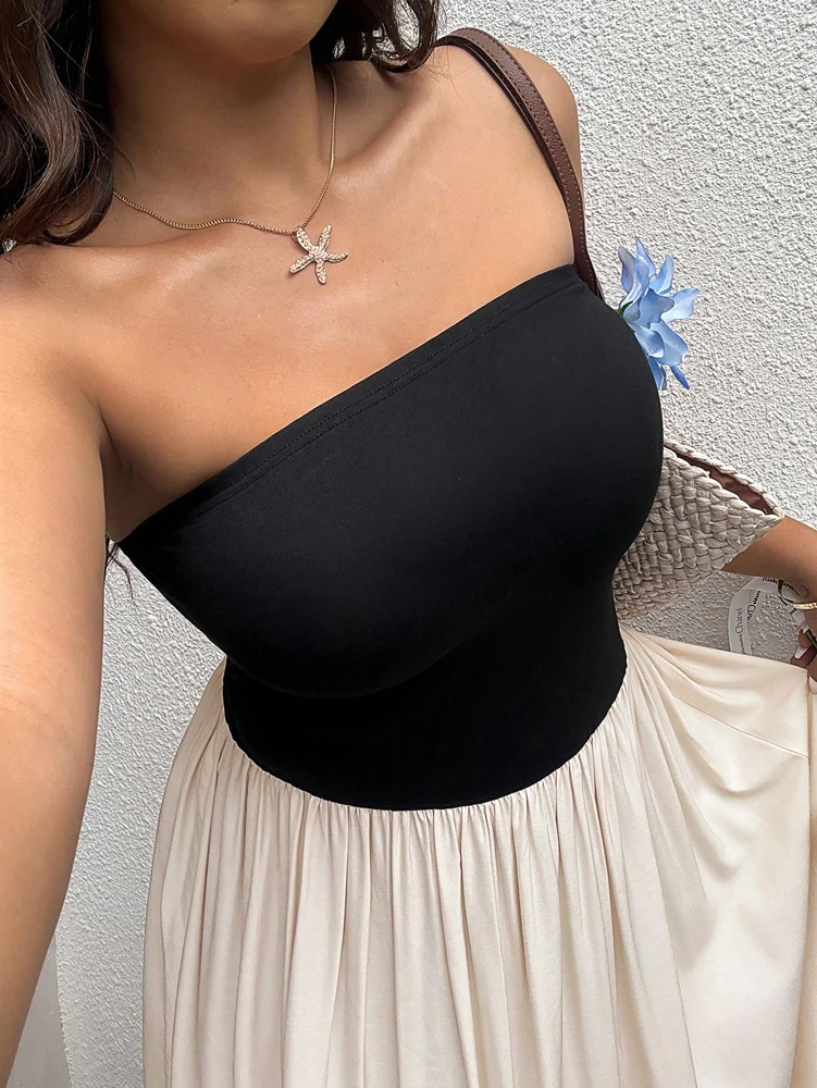 プラスサイズ 春/夏 リゾート カジュアル カラーブロック ストラップレス ドレス パッチワーク カラーブロック フィットトップ ルーズヘム付き