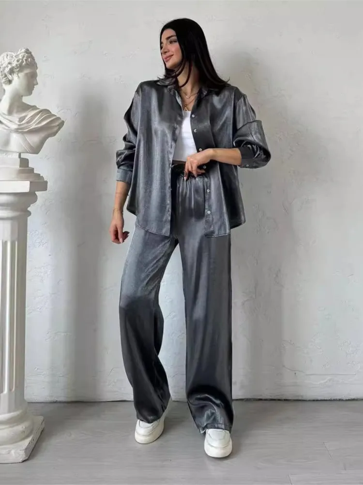 Fashion Long-sleeved Lapel Single-breasted Shirt Top + Wide-leg Pants 2-piece Set For Women Autumn Bright Silk Satin Suit Female