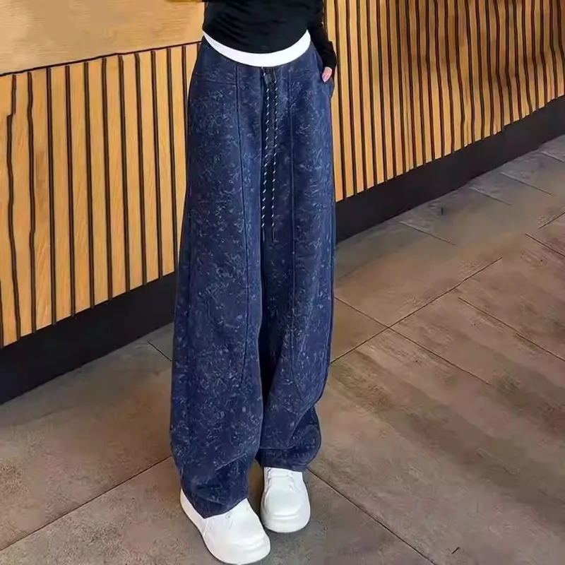 Pear-shaped Figure Tie-dyed Casual Warm Sweatpants Women Autumn Winter Fleece Large-sized Slimming Wide-leg Curved-cut Trousers