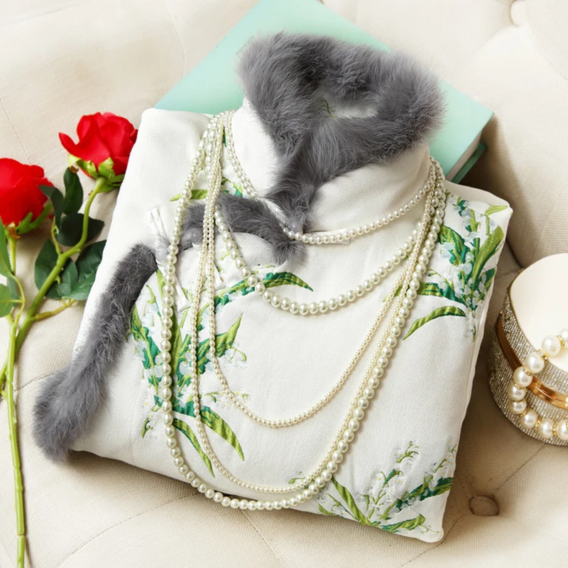 

Thiened Cotton Inserted Rabbit Year Chinese Sle Dr Improved Version ort Long Sve Floral Embroidery Dail...