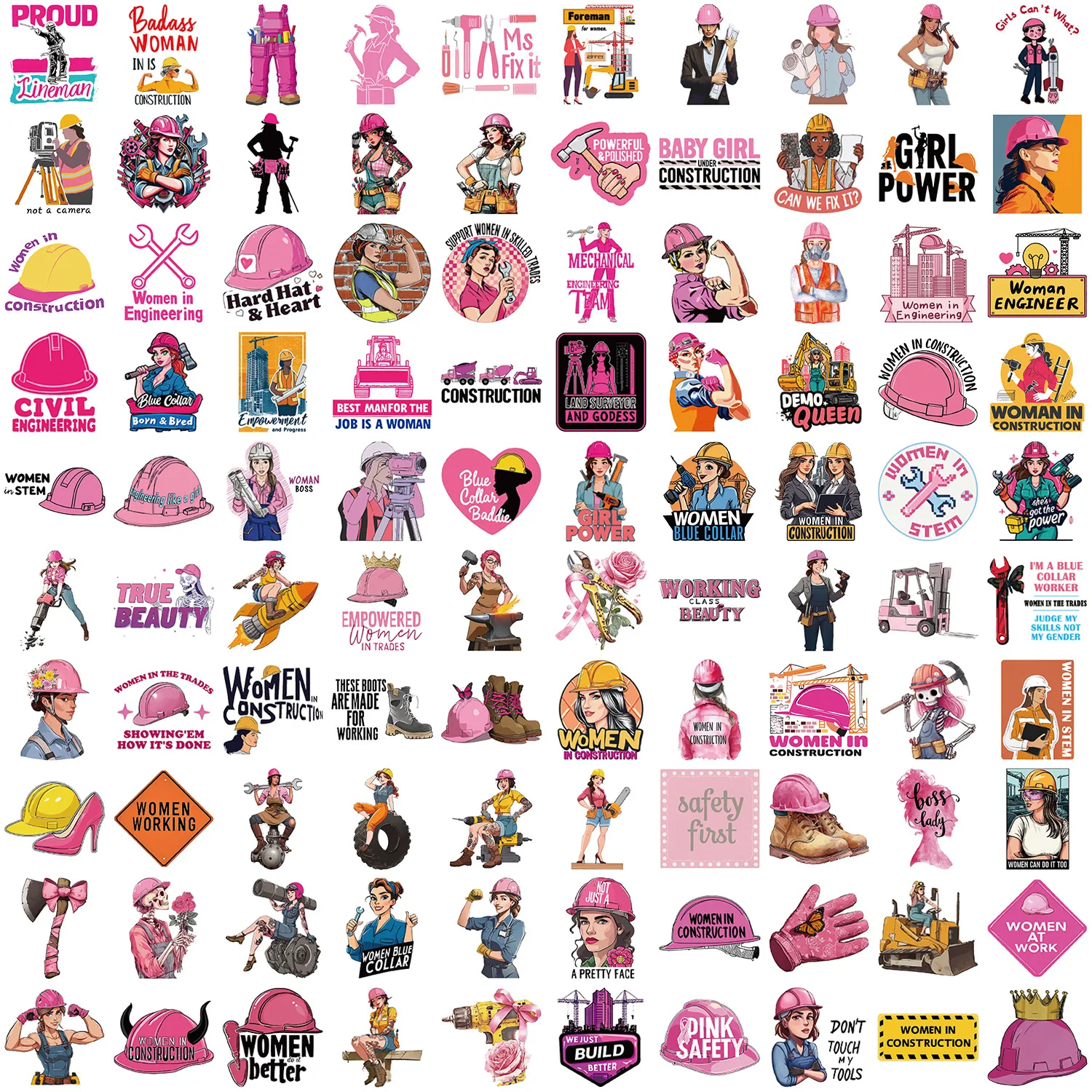 100PCS Pink Cartoon Female Construction Hard Hat Stickers Cute Girl Worker Power Waterproof Vinyl Decals for Notebook Laptop