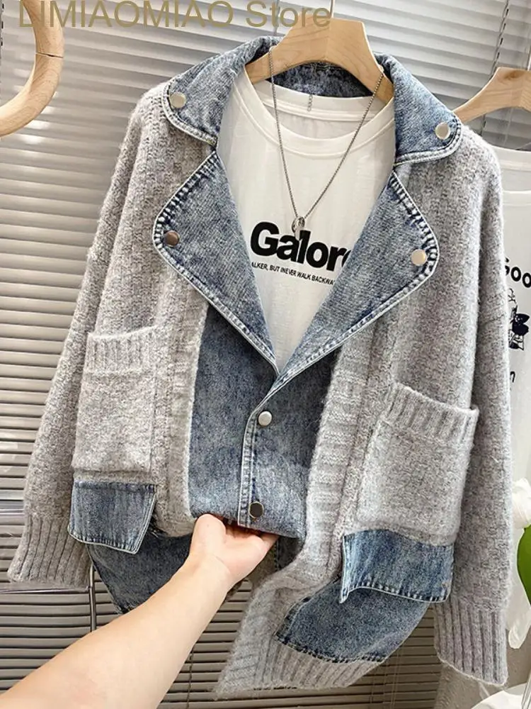 

New Jackets for Women Lapel Panels Denim Jacket Women Coats Loose Thick Sweater Knitted Cardigan Top Women Clothing Knitwears