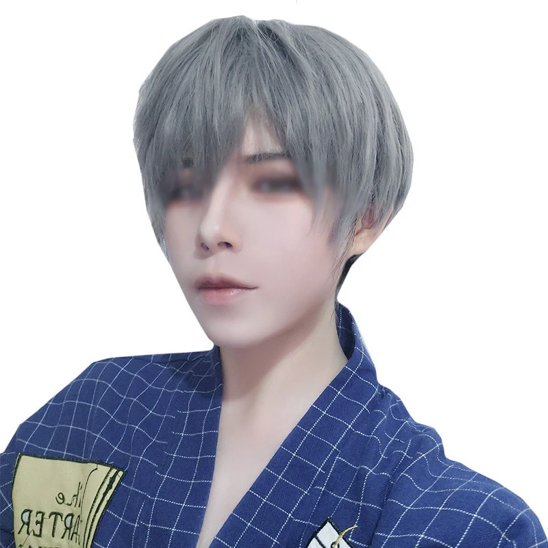 

Handsome Man Short Hair Wig Cover Ball Cos Fluffy Nature Anime Wig Man Daily Dress Up Wear Grandma Grey Short Straight Hair