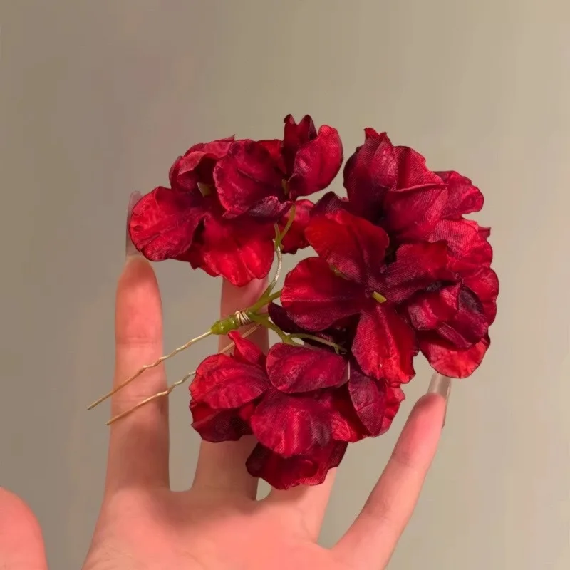 2PCSRed Flower Hair Pins For Women Elegant Burgundy Artificial Floral Hair Barrettes Romantic Blossom Hair Accessory For Wedding image 5