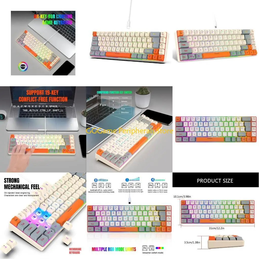 

U55B Colorful ARGB Backlits 68 Keyboard,Thin Film Technology, Ergonomic for Gamers and Office Workers Colorful Experience