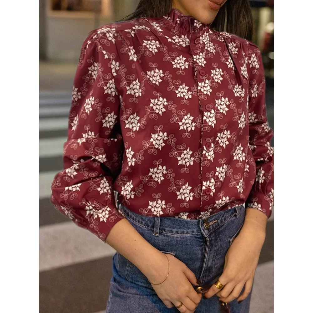 

Plus-size Women's Versatile Office Top, Hong Kong Style, Floral Print, Straight Long-sleeve Crew Neck.