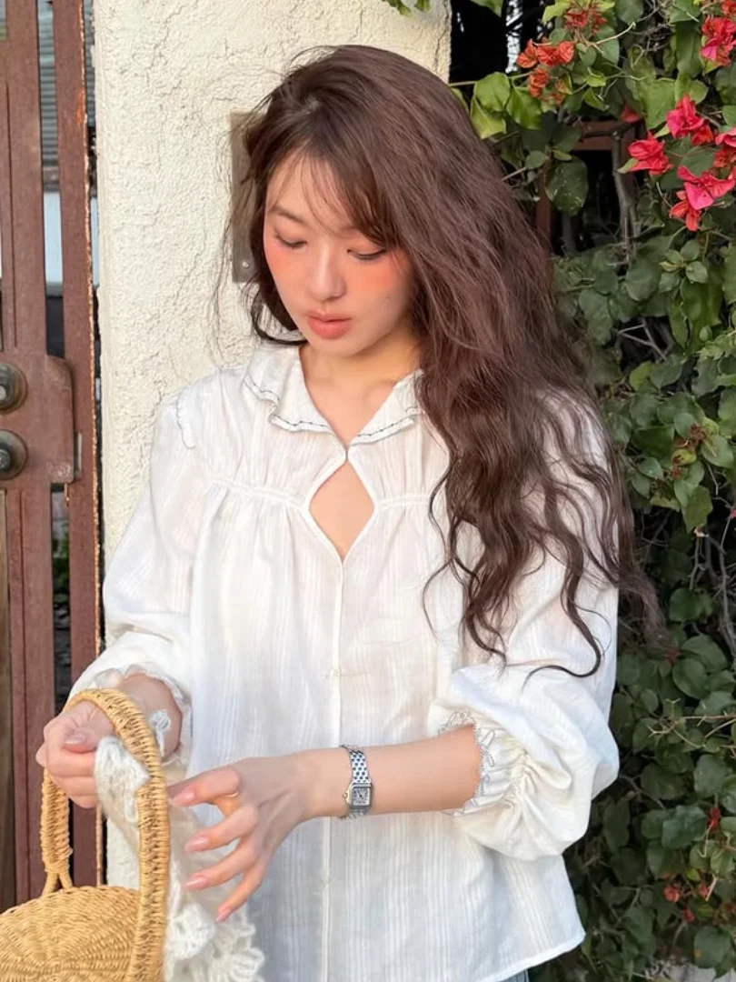 

Элегантная белая хлопковая рубашка с длинным рукавом для женщин, с кружевным воротником и завязками, в нежном стиле, прямого кроя, дышащая, для активного отдыха