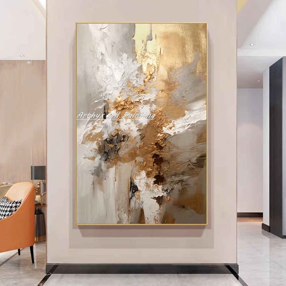 Arthyx Handpainted Texture Abstract Gold Oil Painting On Canvas Large Posters Modern Wall Art Picture For Living Room Home Decor