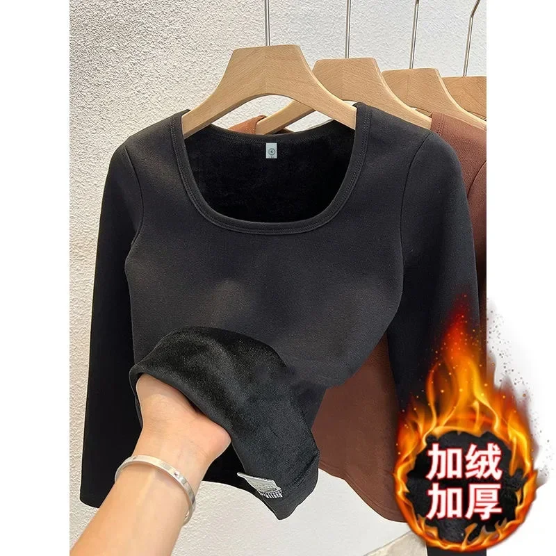 Winter Women Thermal Underwear Tops Square Collar Fleece Basic Pullover Autumn Crewneck Top Casual Thermal Shirt Women image 2