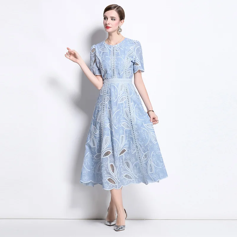 Summer Vintage Heavy Embroidery round Ne Waist Cinched ort Sve Dr Women Slimming Long Skirt Faionable Casual Dr