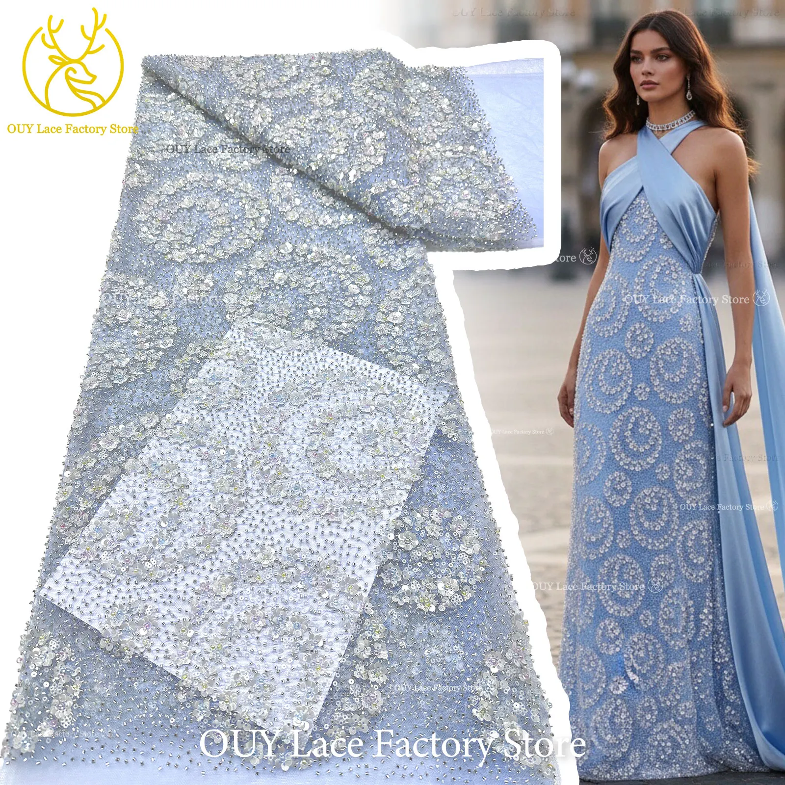 Exquisiter, eleganter nigerianischer bestickter Tüll-Spitzenstoff mit Perlen und Pailletten für Damen, zum Nähen von Ballkleidern. – Detail 7
