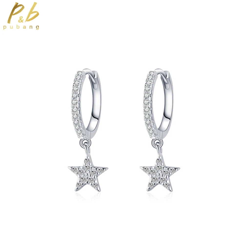 

PuBang Fine Jewelry Solid 925 Sterling Silver VVS Gem High Carbon Diamond Stars Hoop Earrings for Women Party Gift Drop Shipping