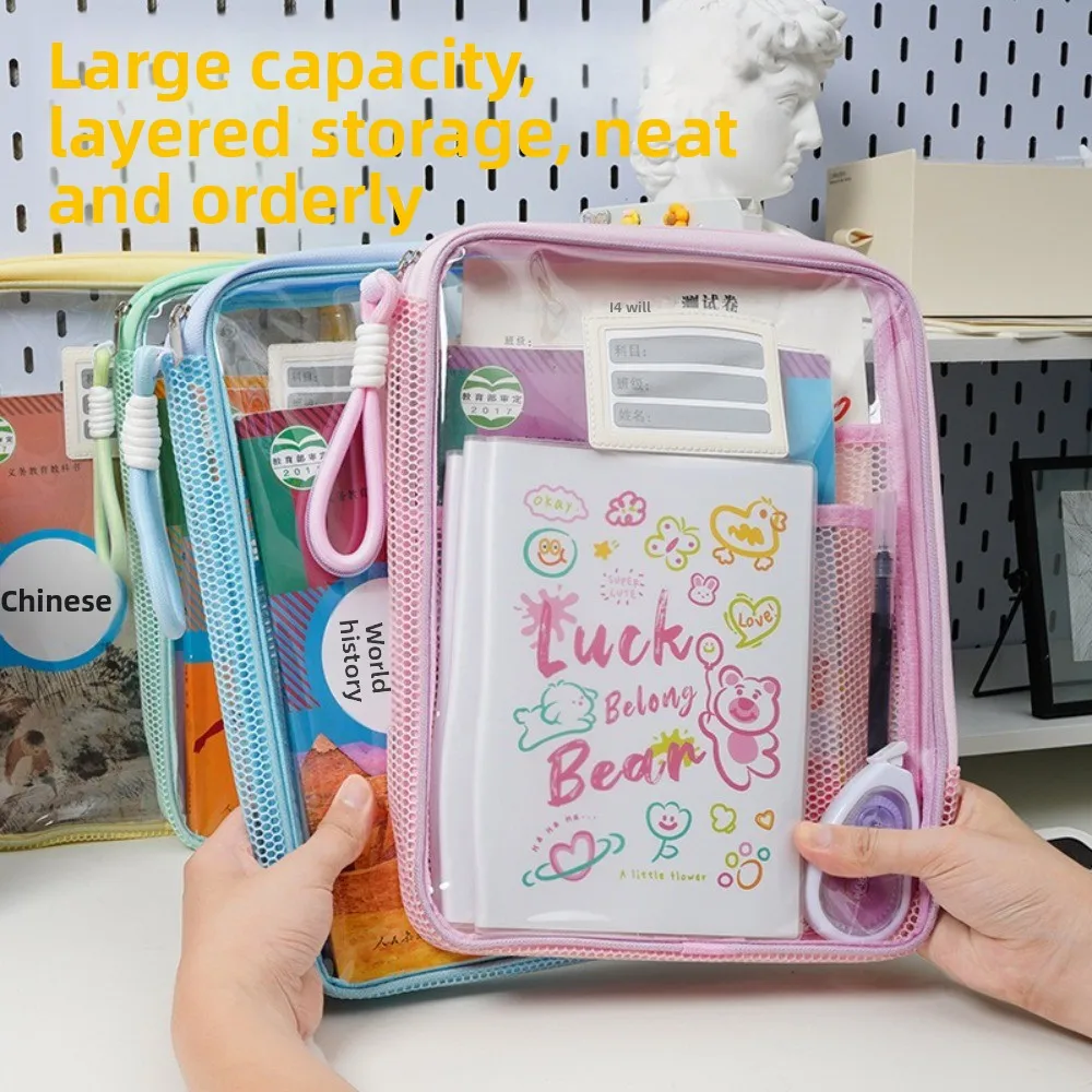 Transparent Zipper File Bag Large Capacity Handle Storage Organizer Bag Candy Color Multifunction File Folder Bags